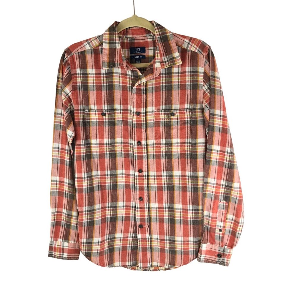 George Mens Flannel Shirt Button Down Plaid Pockets Classic Fit Red Brown S